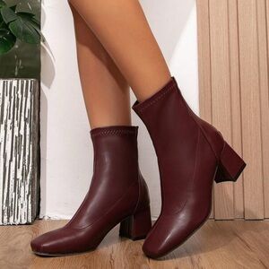 𝗡𝗪𝗢𝗧: Fashion Faux Leather Zipper Ankle Boots Elegant Burgundy Ankle Boots